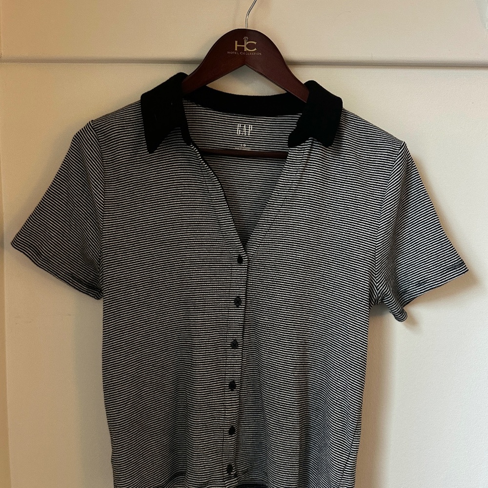 GAP Black White Striped Button Front Knit Top Polo Collar Size L